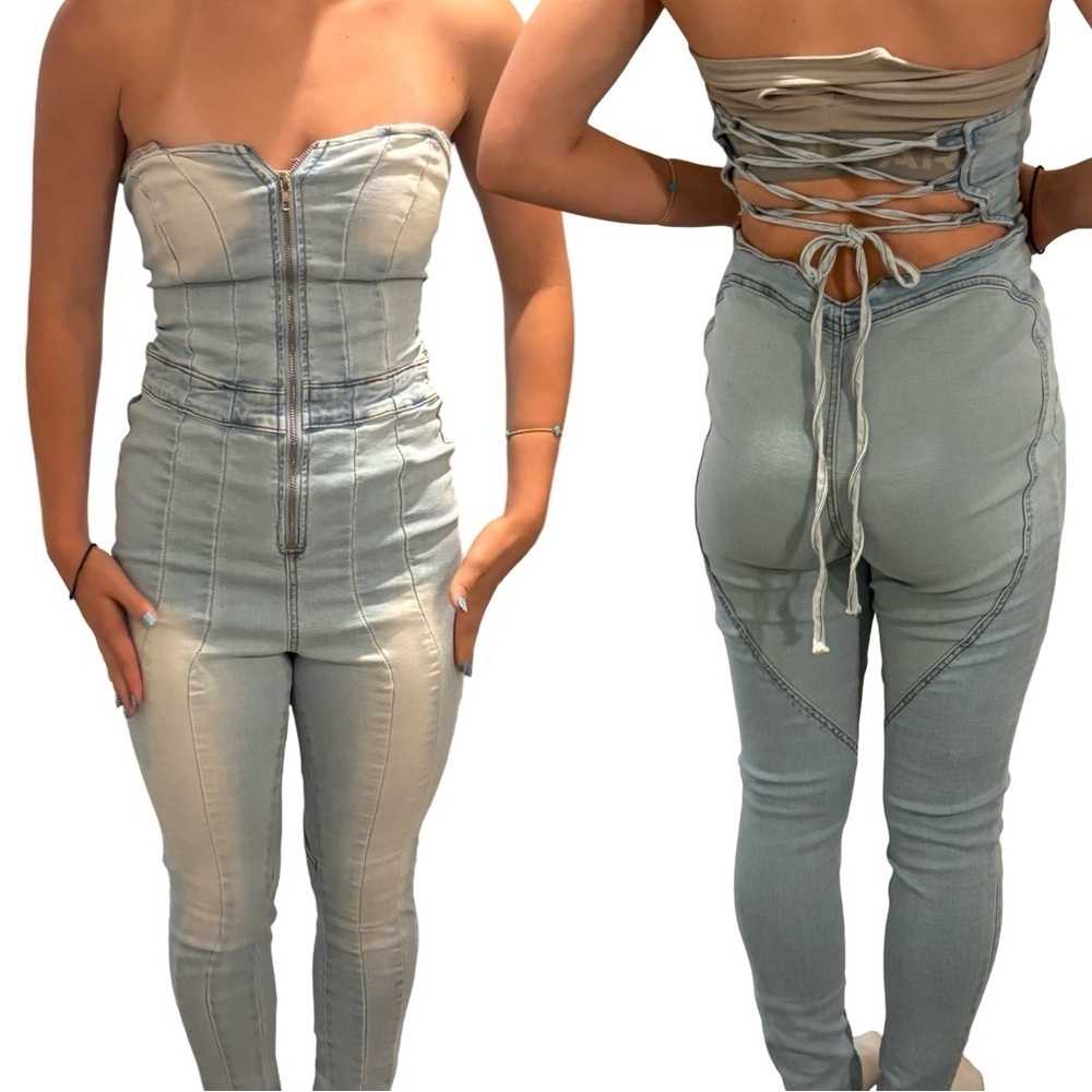 Vintage Y2K Strapless Corset back denim jumpsuit - light wash S/M